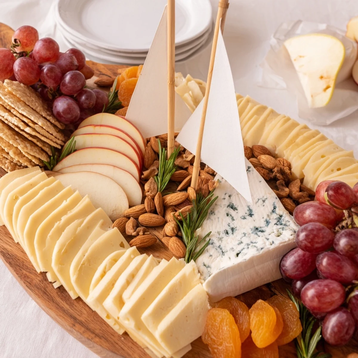 Elegant sailboat cheese platter appetizer with Brie, grapes, and crackers ready to enjoy.