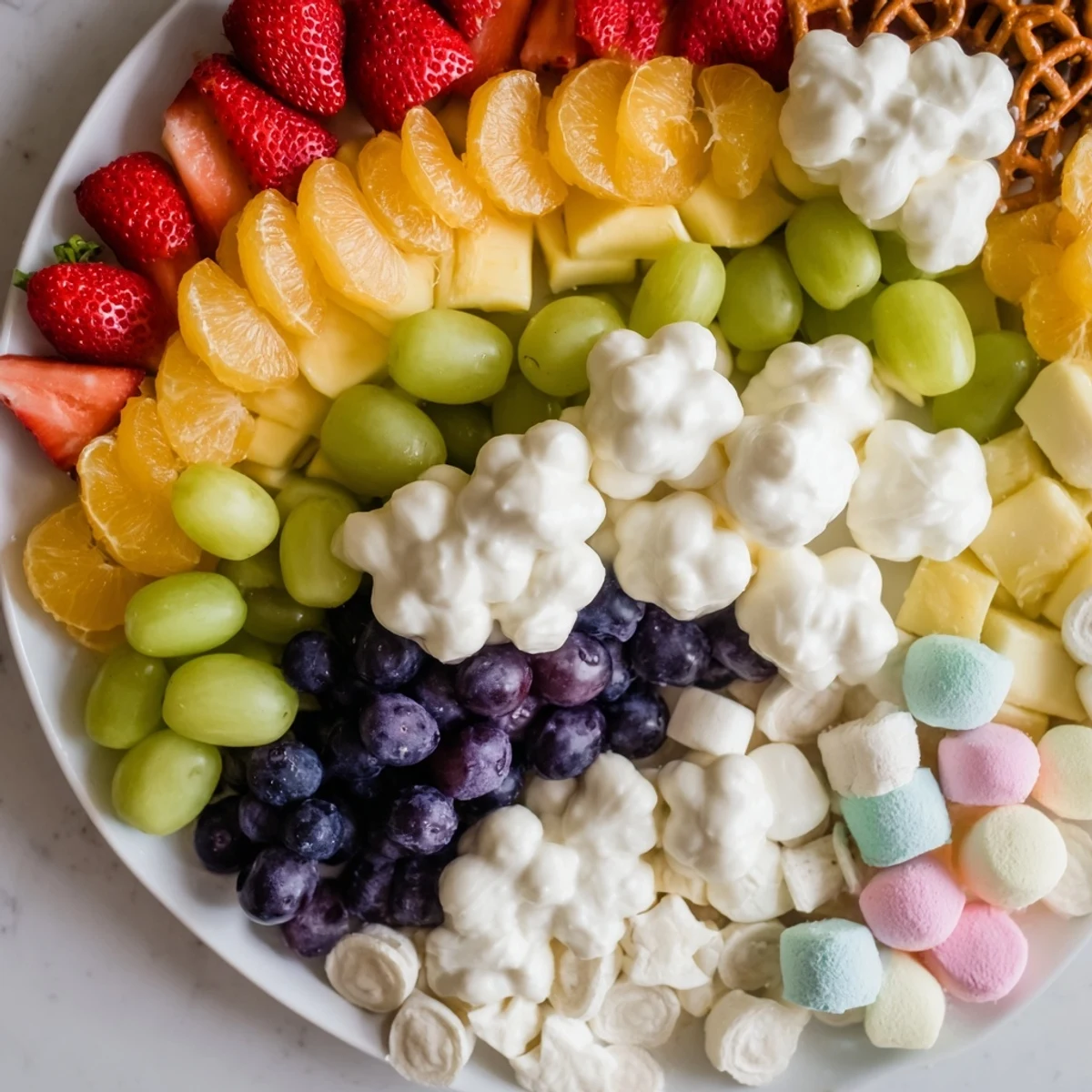 Cloud & Rainbow Grazing Board: A beautiful, colorful platter with cheese clouds and a fruit rainbow.