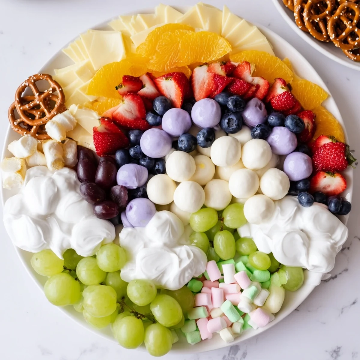 Cloud & Rainbow Grazing Board: Delicious fruit and cheese arranged to create a vivid and fun display.