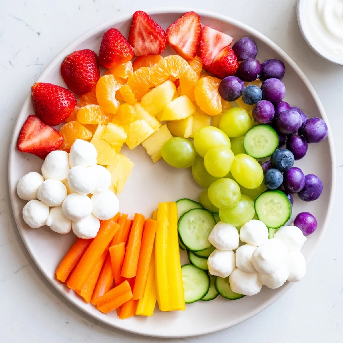 Bright Rainbow Cloud Snack Board with colorful fruits and veggies, a fun appetizer for kids.
