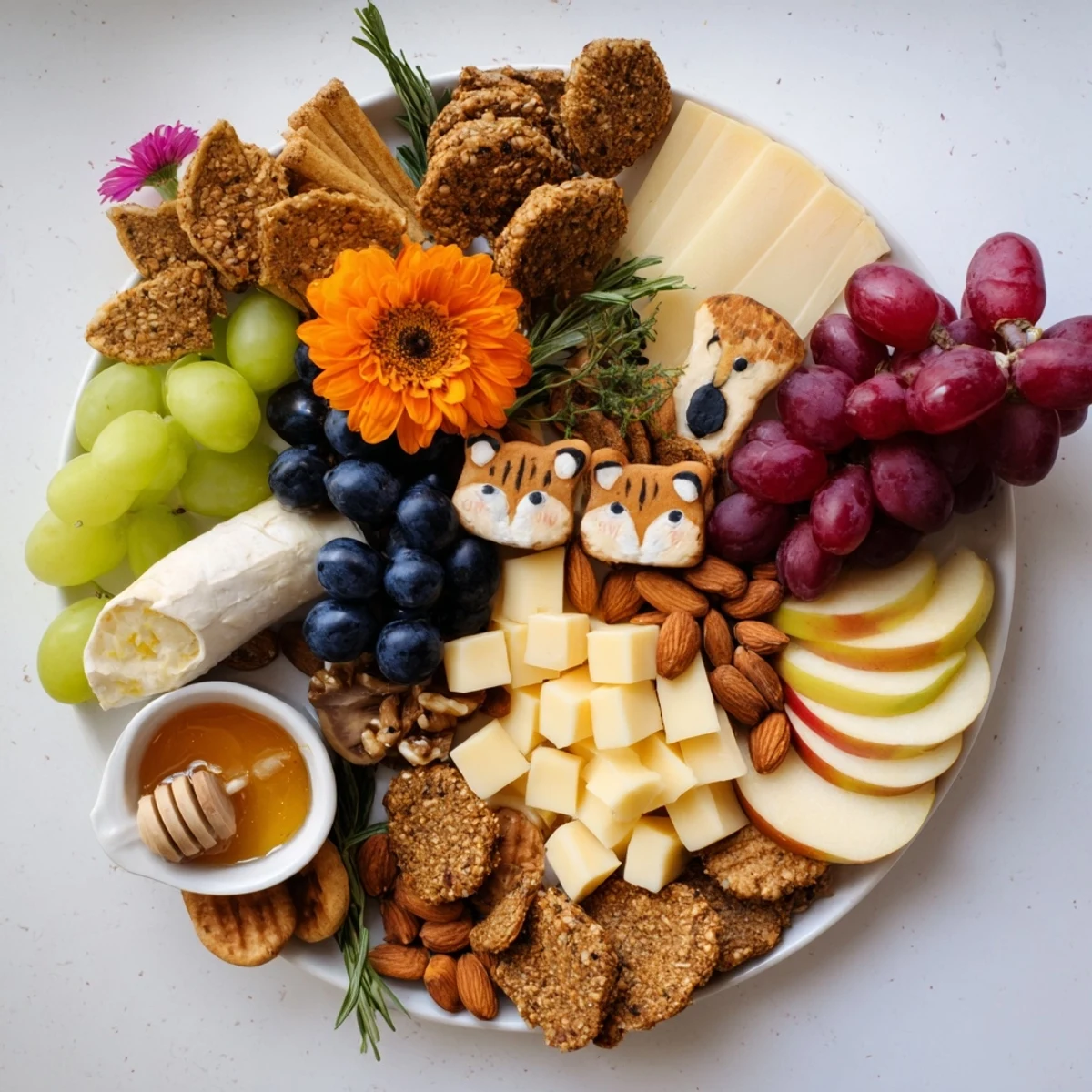A delicious Cozy Forest Animal Board with a colorful arrangement of cheeses, fruits, and meats.