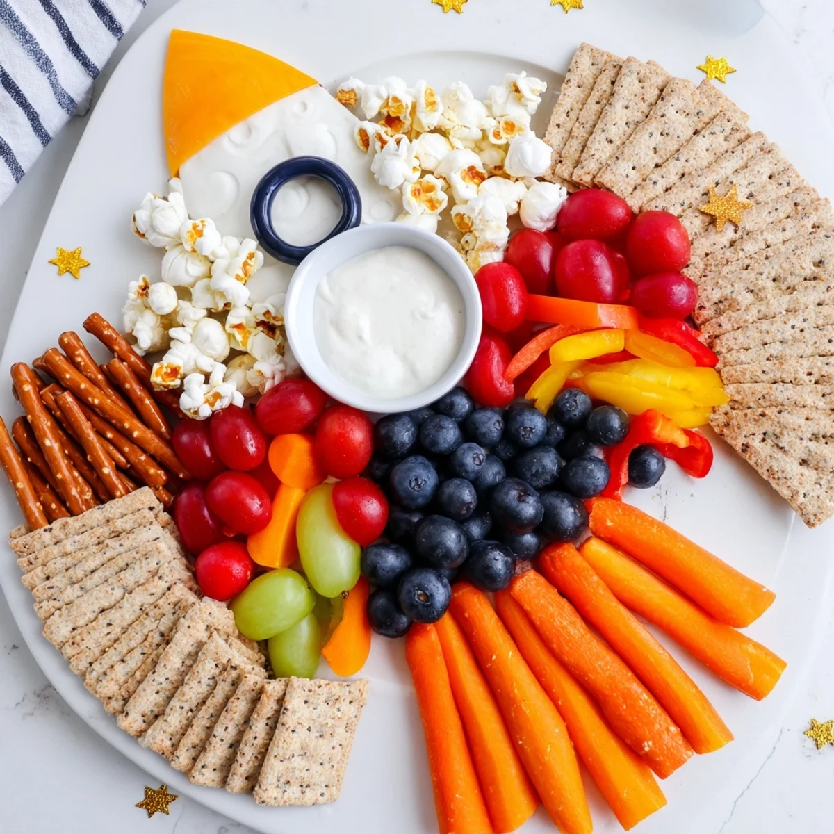 Whimsical Blast Off Spaceship Snack Board with colorful veggies and cheeses arranged like a rocket.