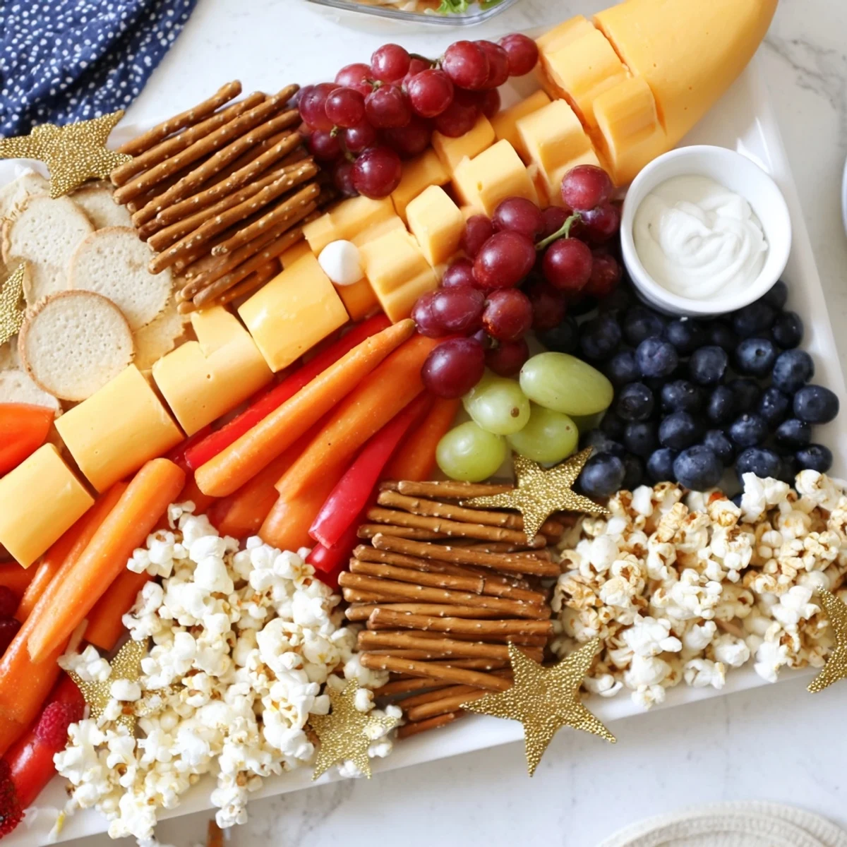 A vibrant Blast Off Spaceship Snack Board, full of healthy snacks, ready to launch your taste buds.