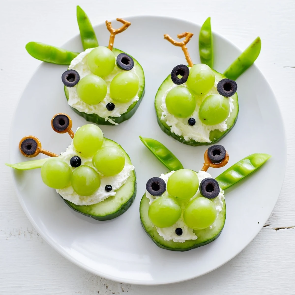 Vibrant platter of Little Green Men Alien Snack Attack: fun green cucumber snacks ready to be devoured.