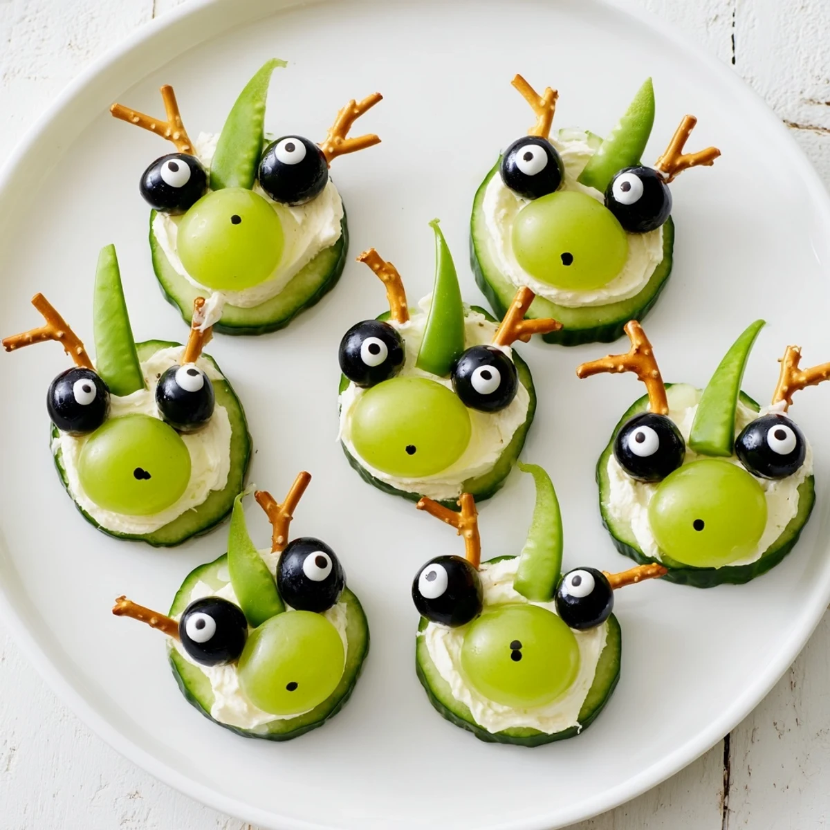 Fresh ingredients transform into fun Little Green Men Alien Snack Attack, perfect for a kids' party, ready to eat.