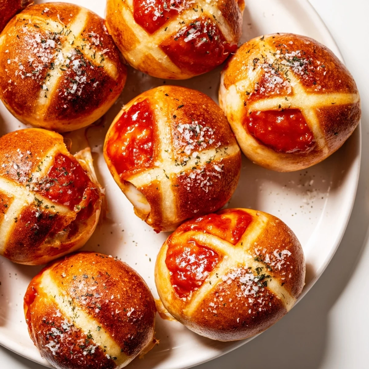 Golden-brown Slam Dunk Basketball Pizza Bites, ready to eat, with melted cheese oozing out.