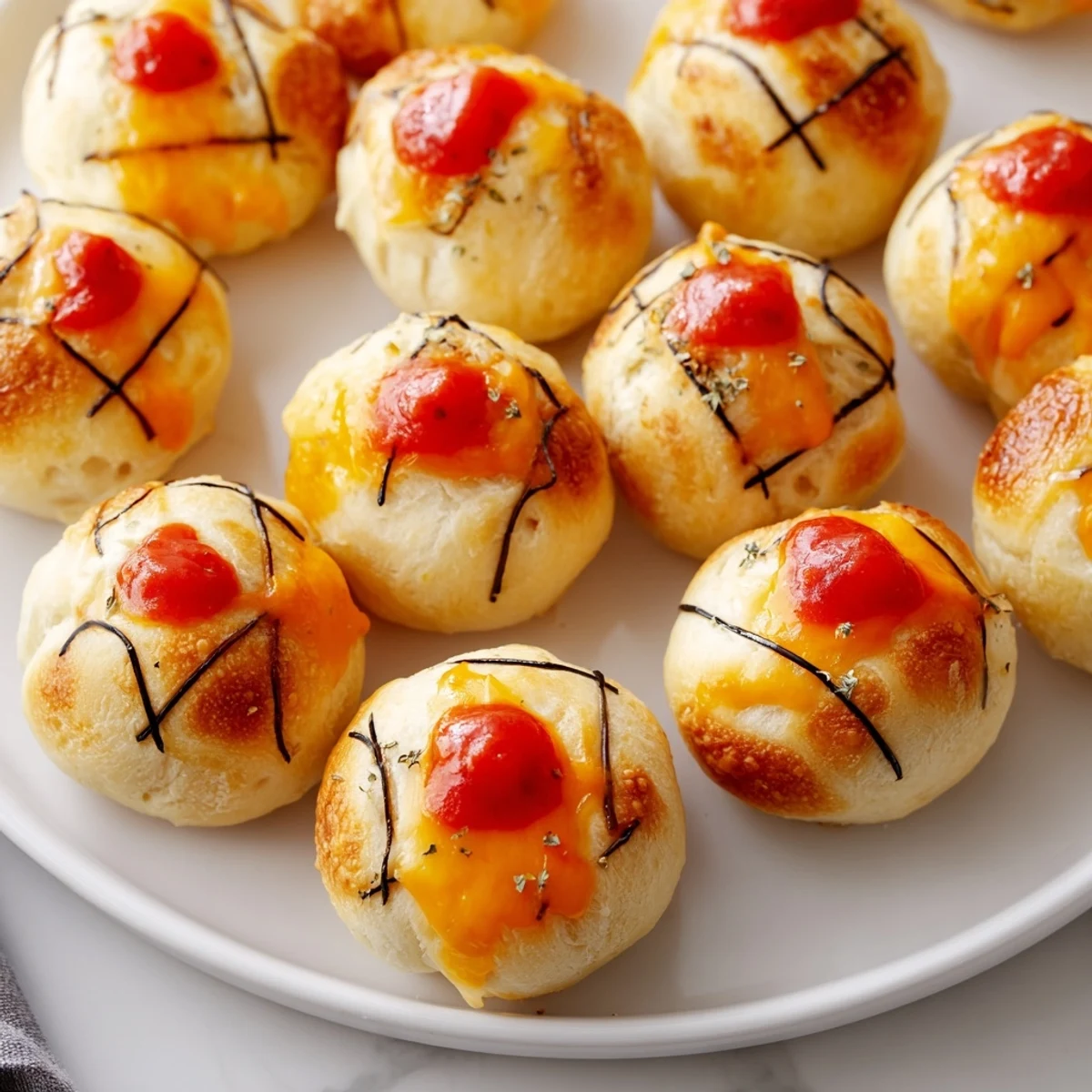 A close-up of cheesy Slam Dunk Basketball Pizza Bites, showcasing their perfectly round shape and detail.