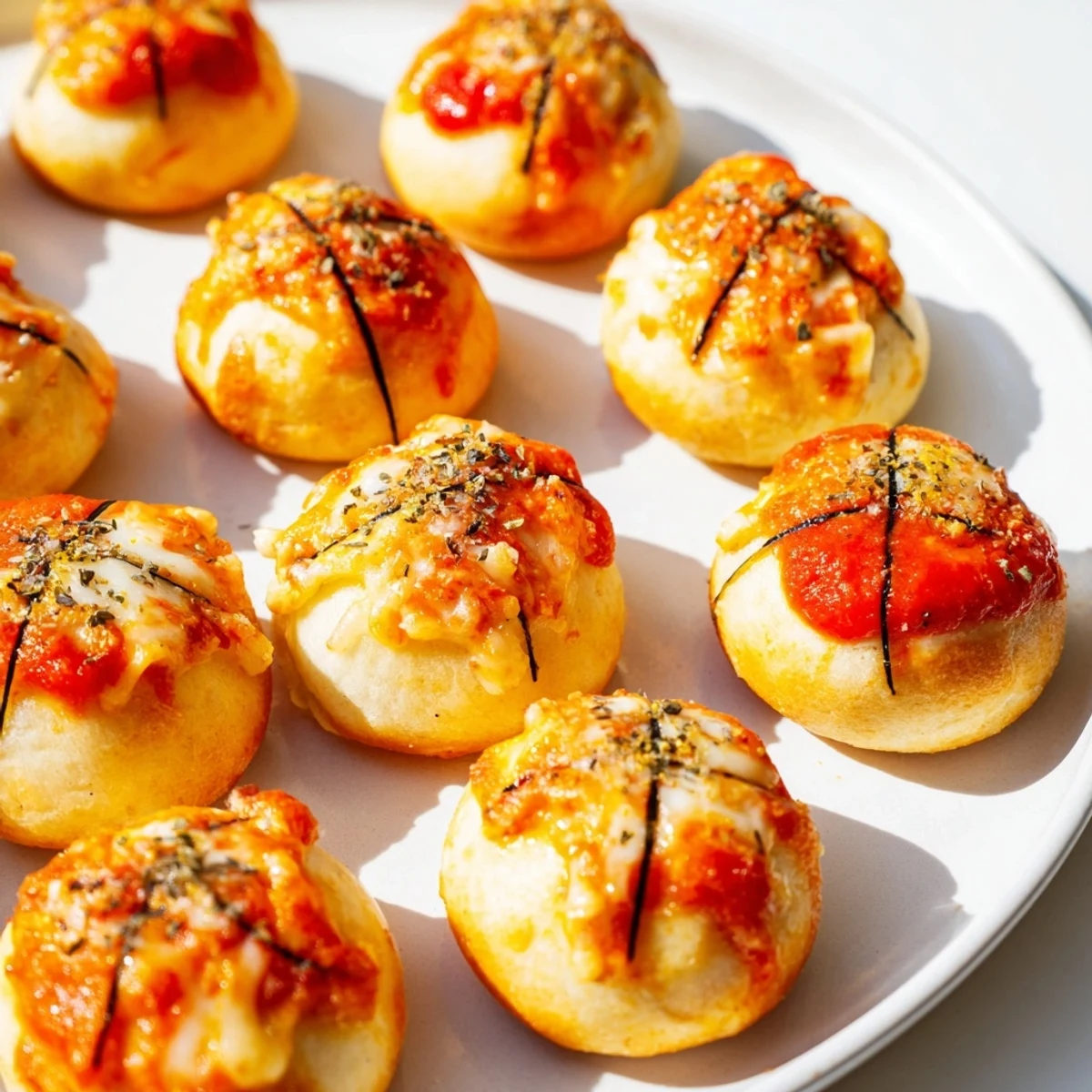 Warm, bite-sized Slam Dunk Basketball Pizza Bites, delicious game-day finger food, served with sauce.