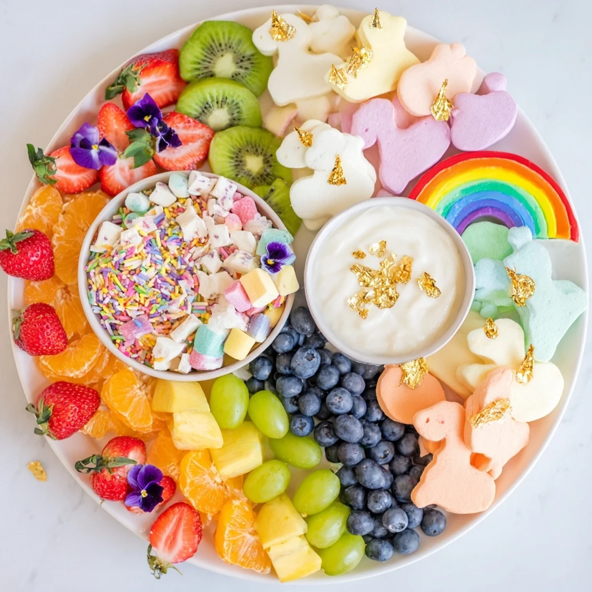 Magical Unicorn Rainbow Dessert Board on display: A colorful spread of fruits and candies ready to enjoy.