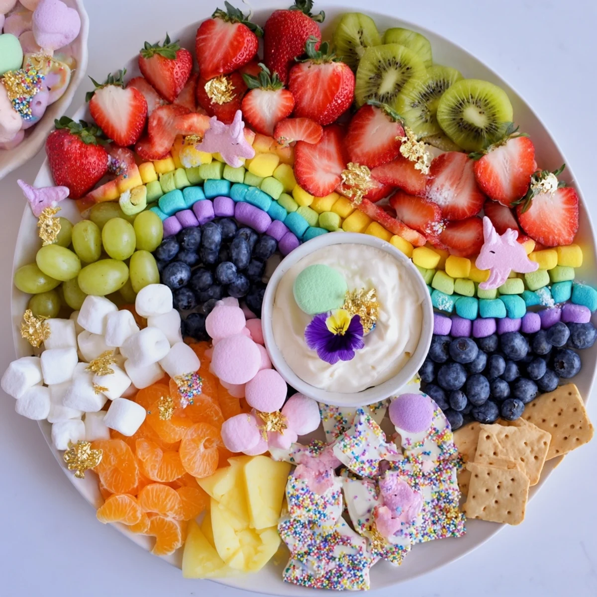 Vibrant Magical Unicorn Rainbow Dessert Board featuring fresh fruit, sweets, and colorful treats perfect for celebrating.