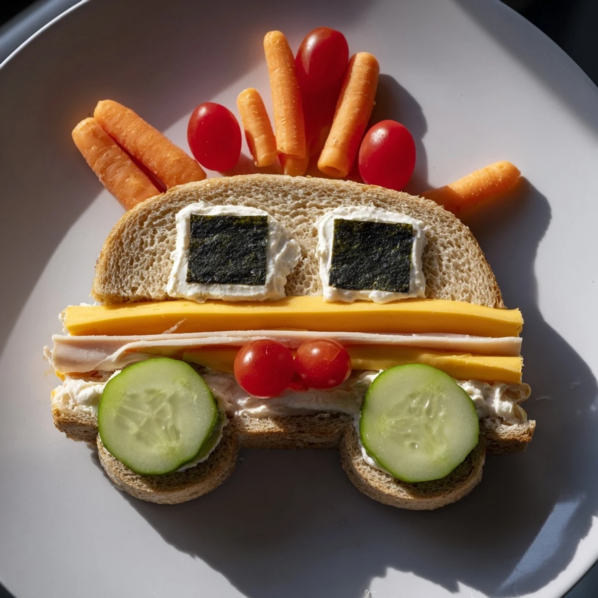 Mmm, Road Trip Ready Car-Shaped Lunch sandwiches, arranged as fun, colorful cars; ready for a picnic.