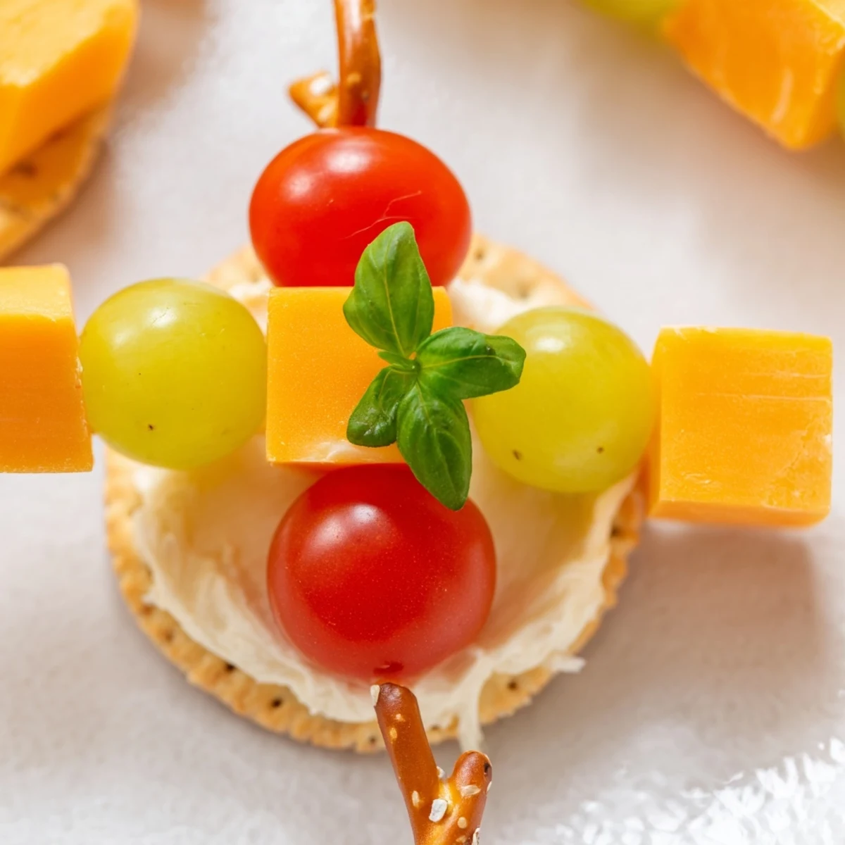 A fun shot of kid-friendly Up, Up, & Away Hot Air Balloon Snacks with pretzel stick "baskets".