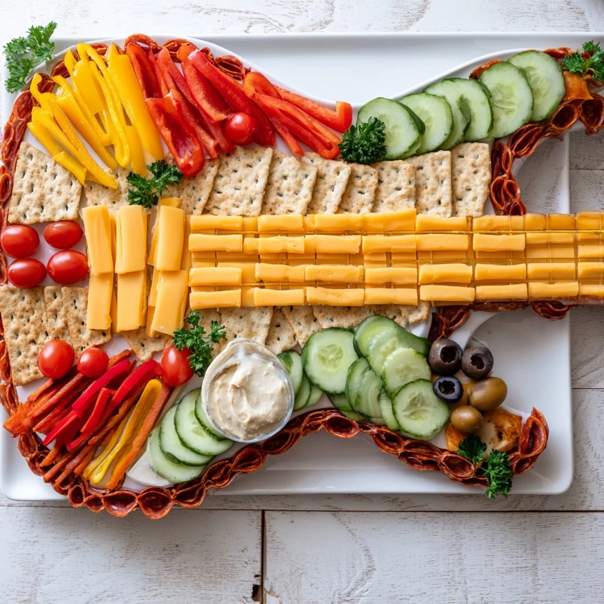 Rock Star Guitar Snack Platter, a vibrant appetizer platter arrangement filled with savory treats and dips.