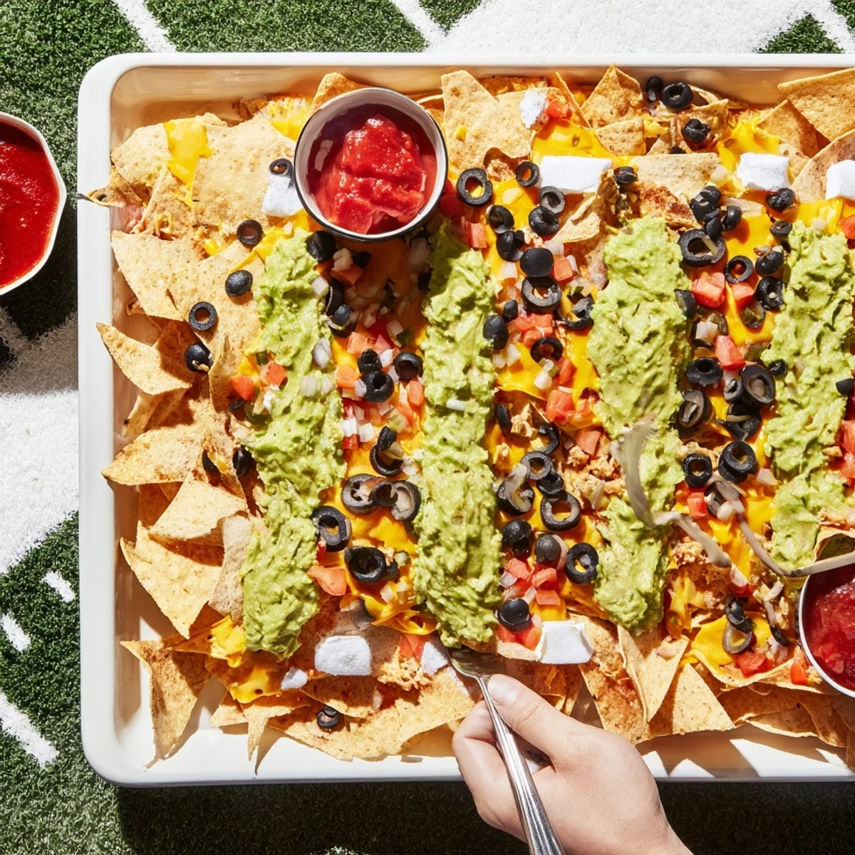 A large, cheesy Football Field Nacho Platter bursting with toppings, ready for game day enjoyment.