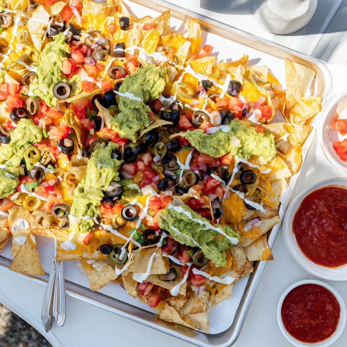 Cheesy, baked Football Field Nacho Platter with melted cheese, beans, and fresh toppings, ready to serve.