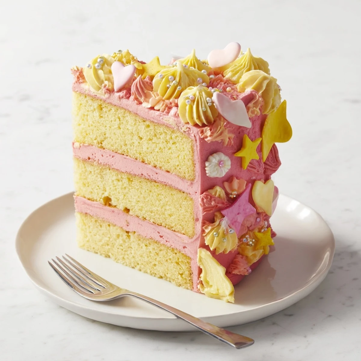 A close-up of the whimsical Château de Princesse Cœurs et Étoiles cake, frosted with yellow buttercream.