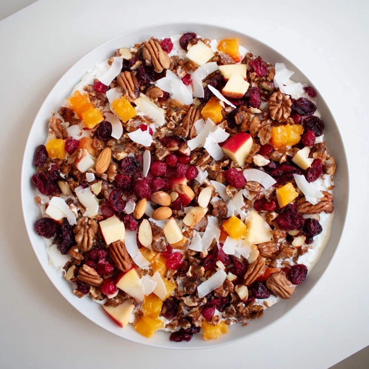 A vibrant photo highlights the ingredients of Mélange Hivernal Flocon de Neige, ready to snack on.