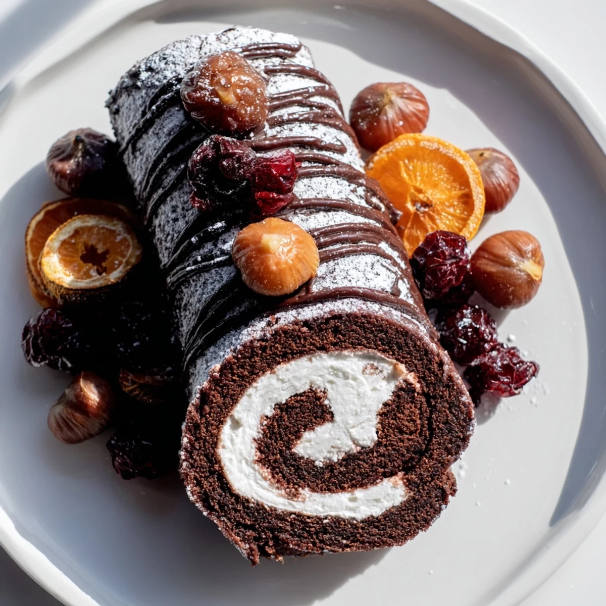 Cozy Winter Warmer dessert board with a chocolate roulade and gingerbread cookies, ready to be enjoyed.