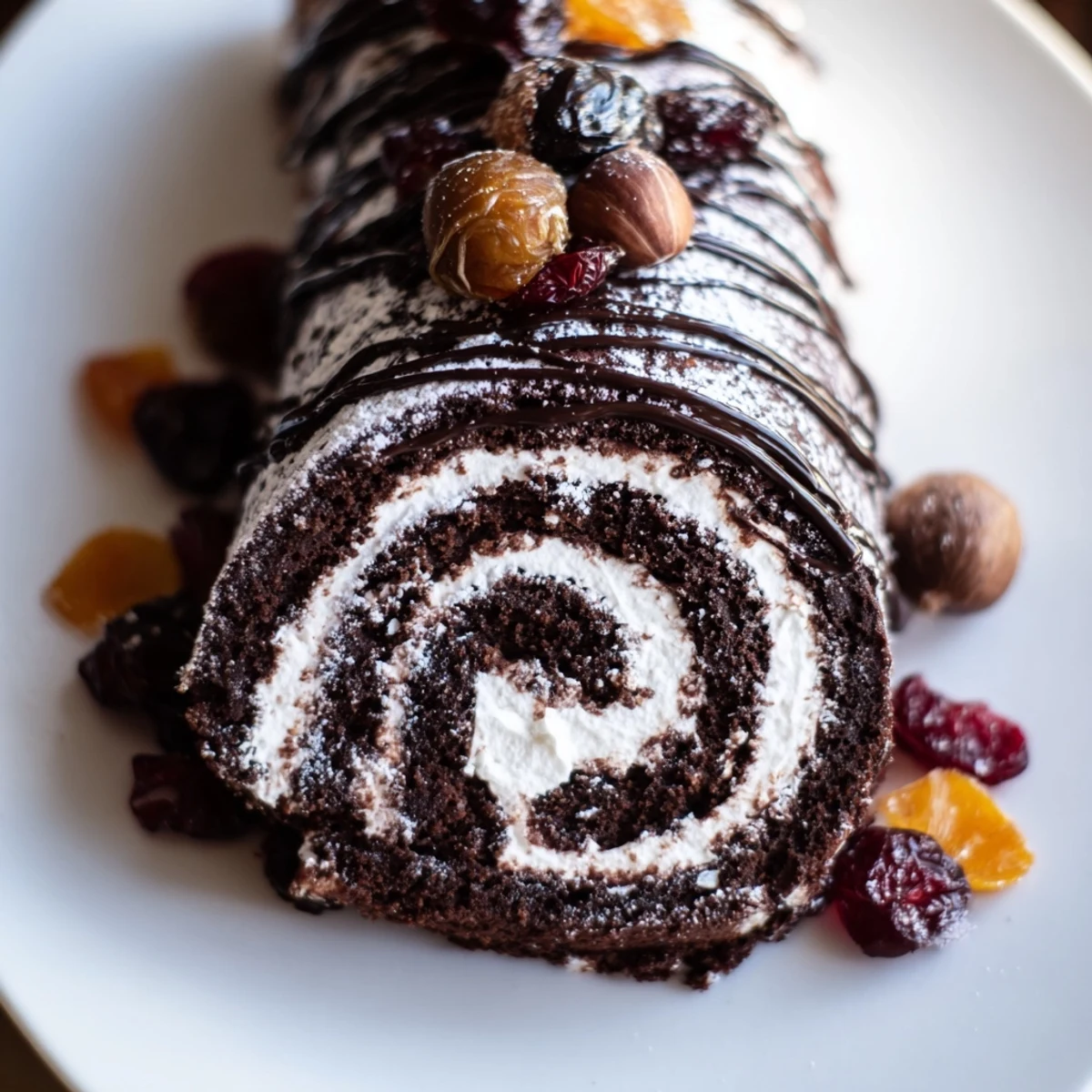 A delicious Winter Warmer dessert board, perfect for sharing, with a chocolate roulade and wintery treats.