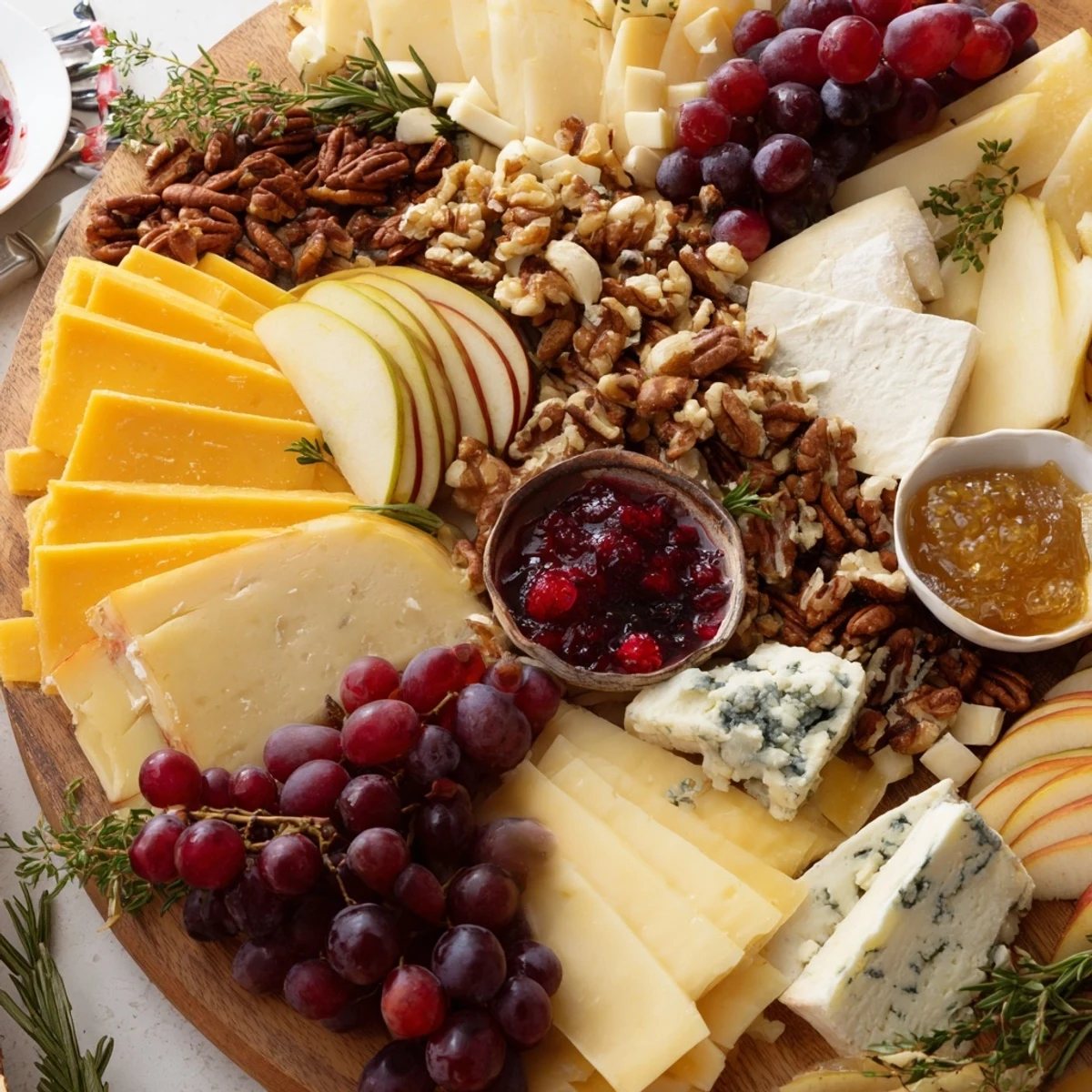 Cozy Winter Cabin Cheese Display with an array of delicious cheeses, fruits and nuts.