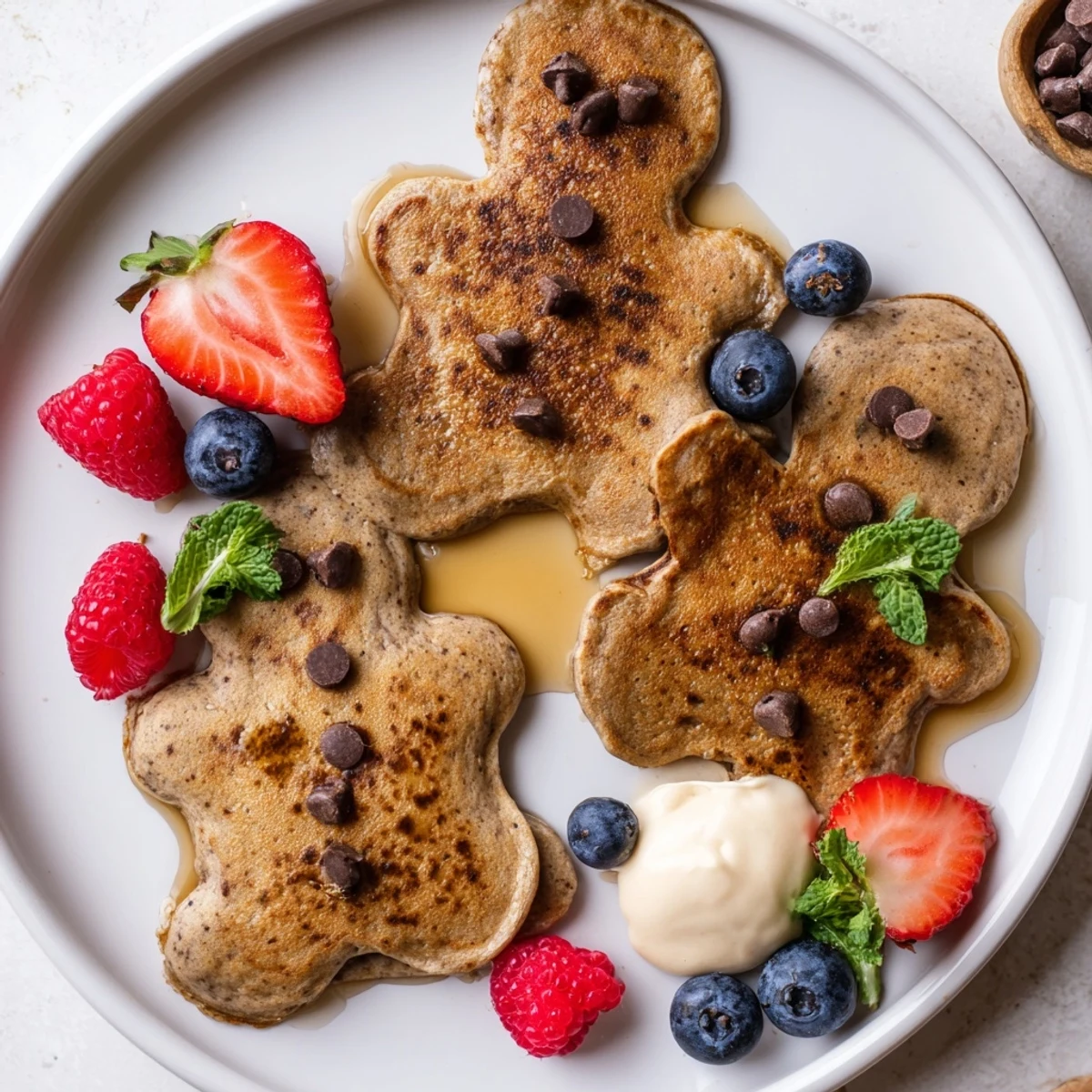 A festive Gingerbread Boy Berry Board arranged with vibrant berries and warmly spiced gingerbread pancakes.