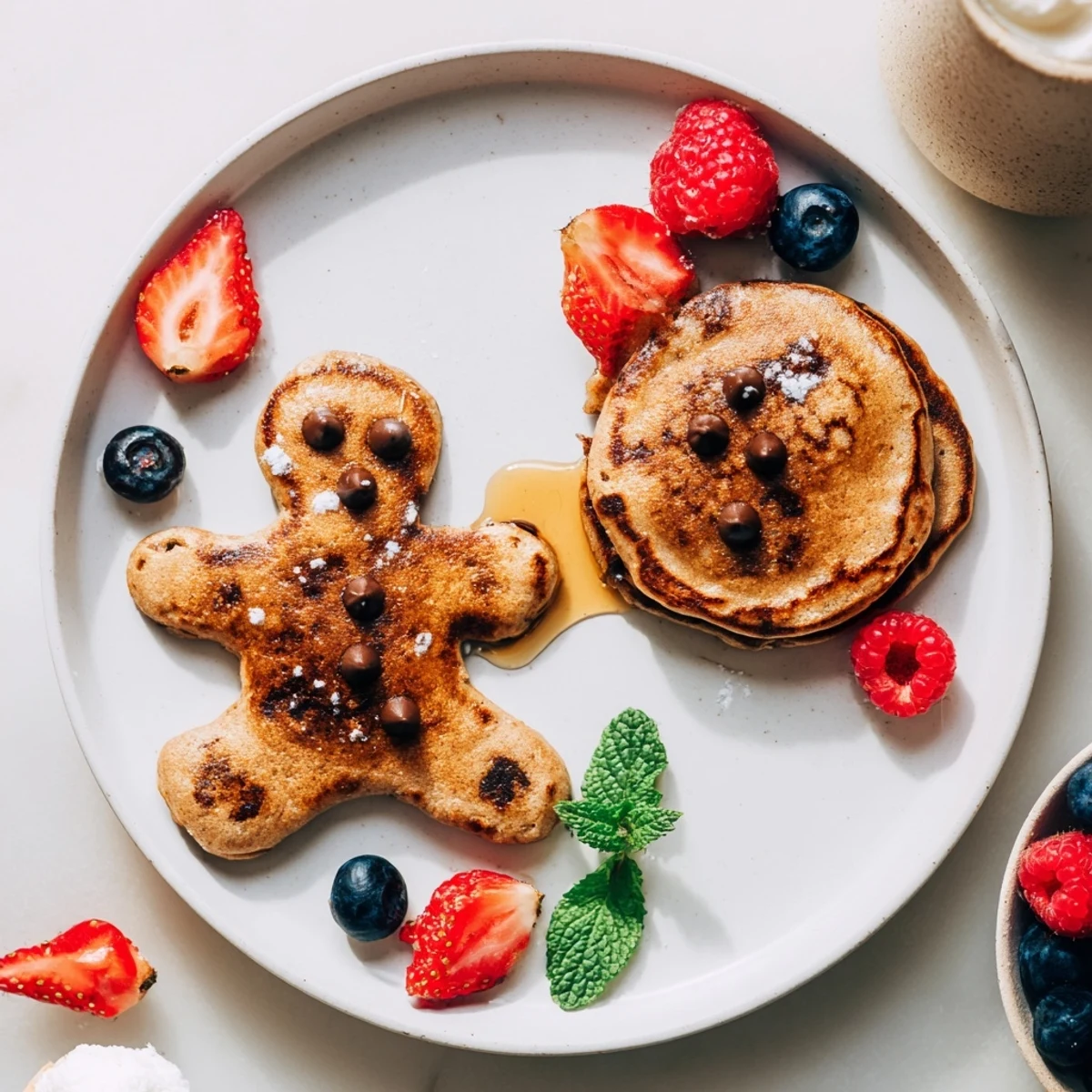 Delicious Gingerbread Boy Berry Board breakfast: sweet gingerbread men with scattered berries and creamy yogurt.