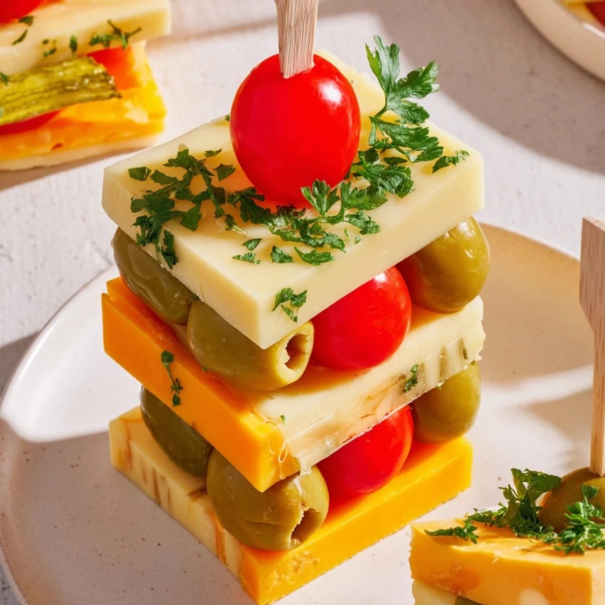 Festive Cube Cheese Stack, colorful appetizer presentation with cheese cubes and fresh garnishes.