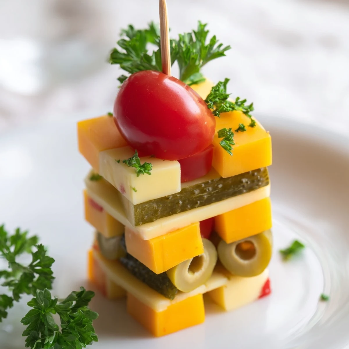 Vibrant Festive Cube Cheese Stack with cherry tomatoes, olives, and cheese, ready to serve.