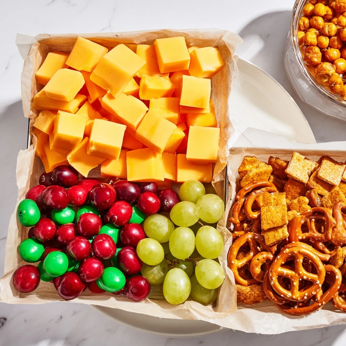 Layers of savory and sweet treats create a delicious Stacked Christmas Gift Snack Tower for holiday entertaining.