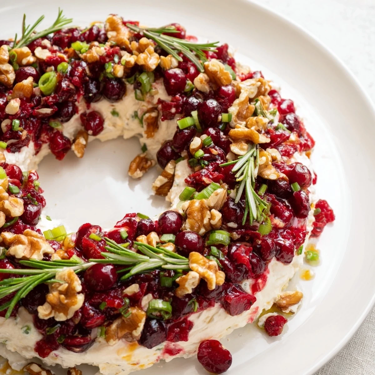 Perfectly arranged Cranberry Feta Dip Wreath, a delicious appetizer with fresh rosemary sprigs.