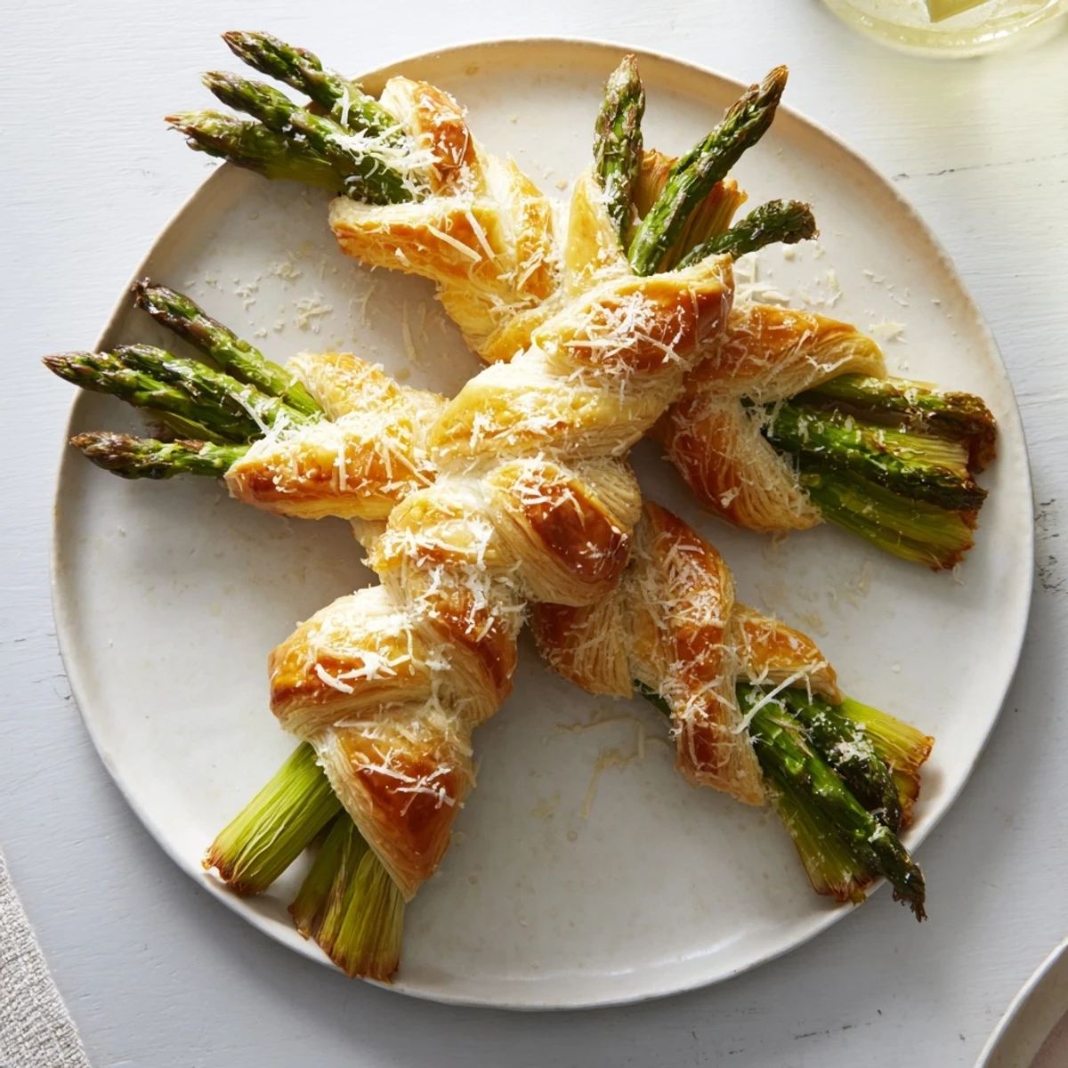 These beautiful Star Shaped Asparagus Bundle Wraps showcase tender asparagus tips and flaky pastry.
