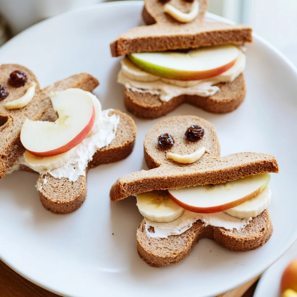 Gingerbread man sandwich cutouts with fruit and cream cheese, a playful kid-friendly snack.
