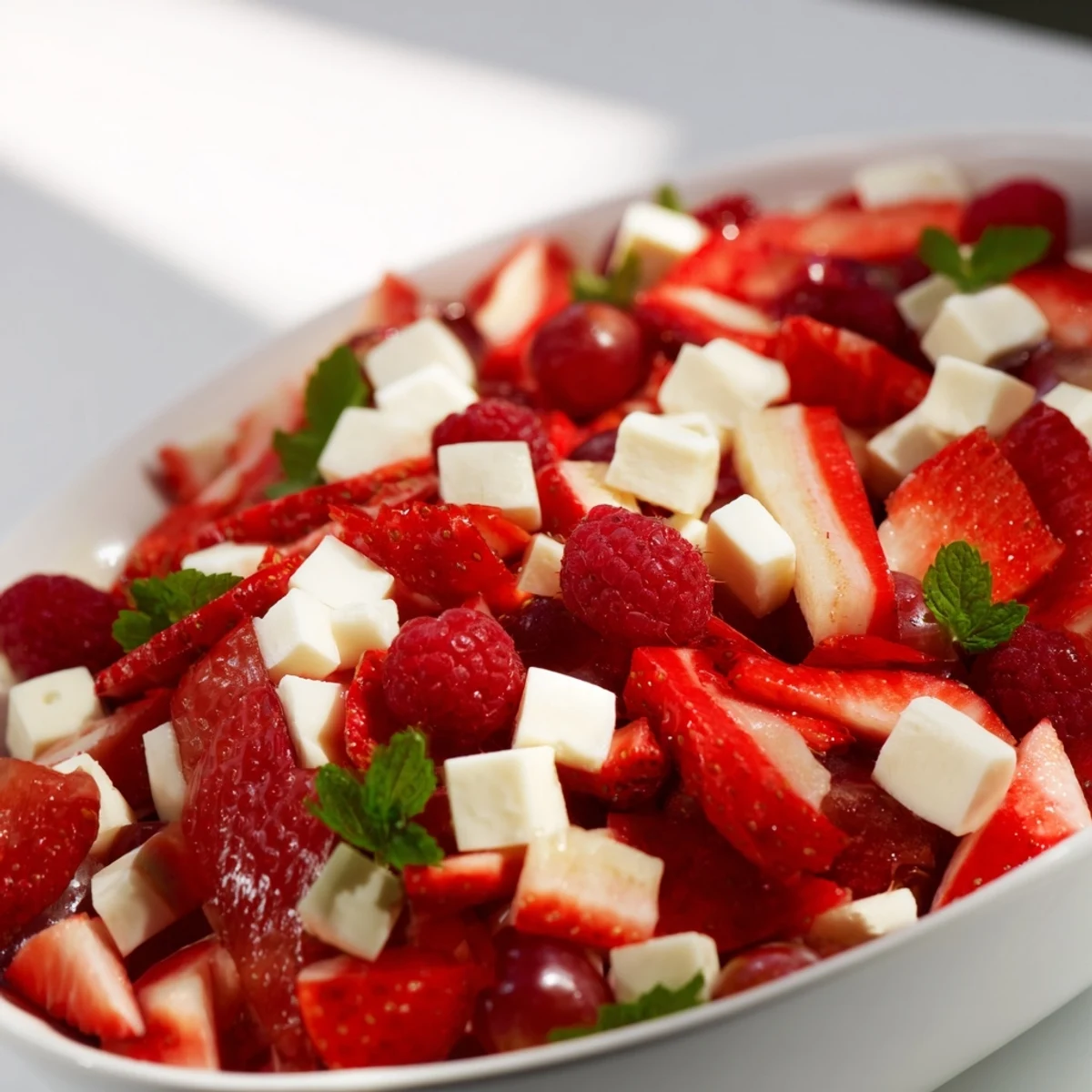 Candy Cane Stripe Fruit and Cheese platter, showcasing vibrant strawberries, grapes, and white cheese cubes.