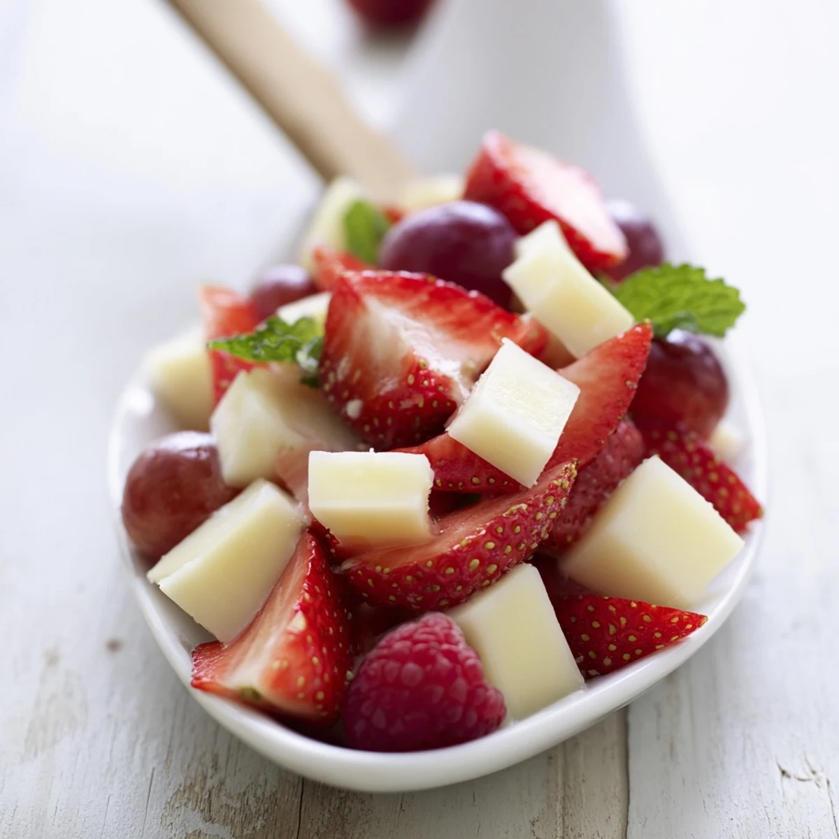 An eye-catching Candy Cane Stripe Fruit and Cheese arrangement, perfect for a festive appetizer spread.