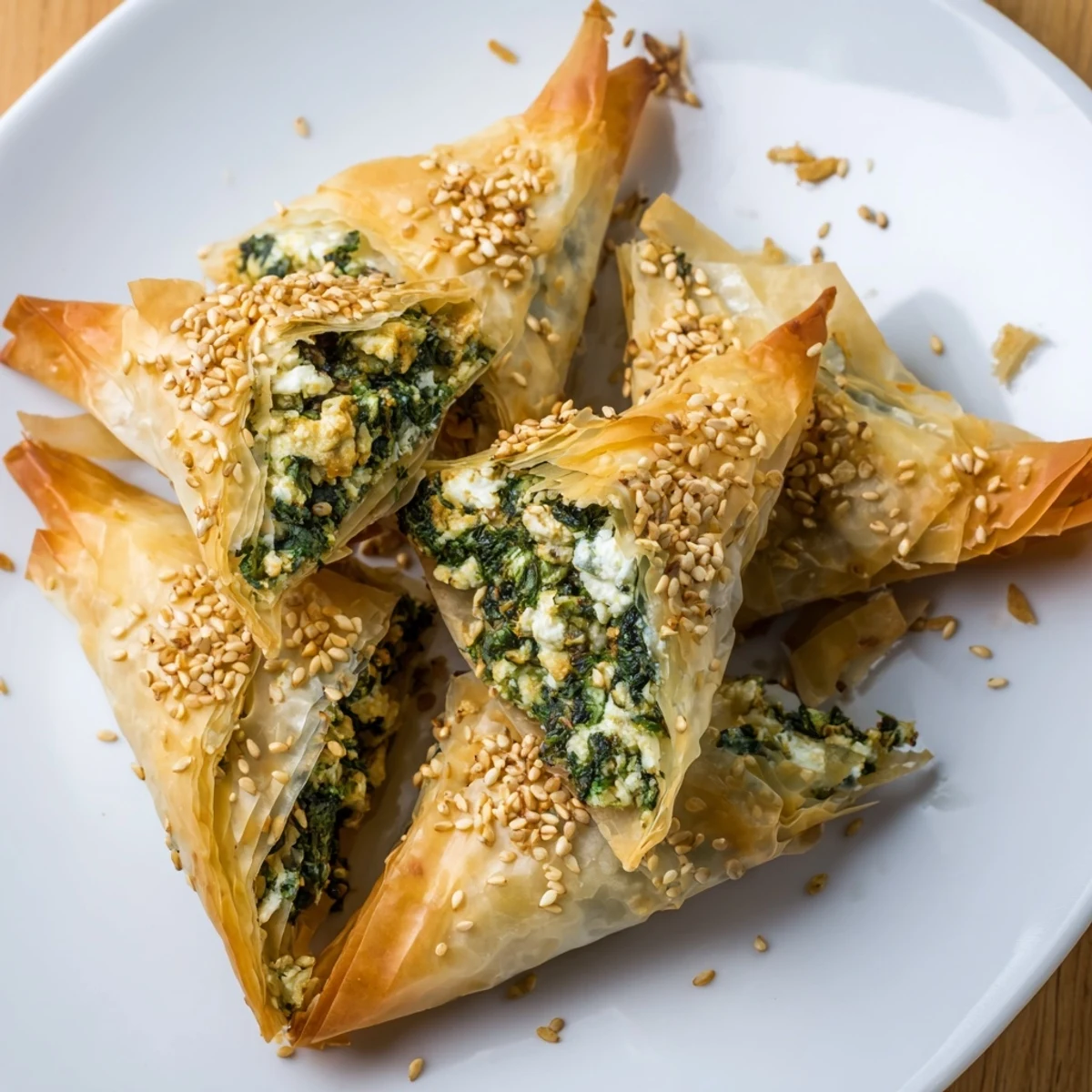 Golden, crispy Mini Spanakopita Triangle clusters, a baked Greek appetizer, ready for sharing on a baking sheet.