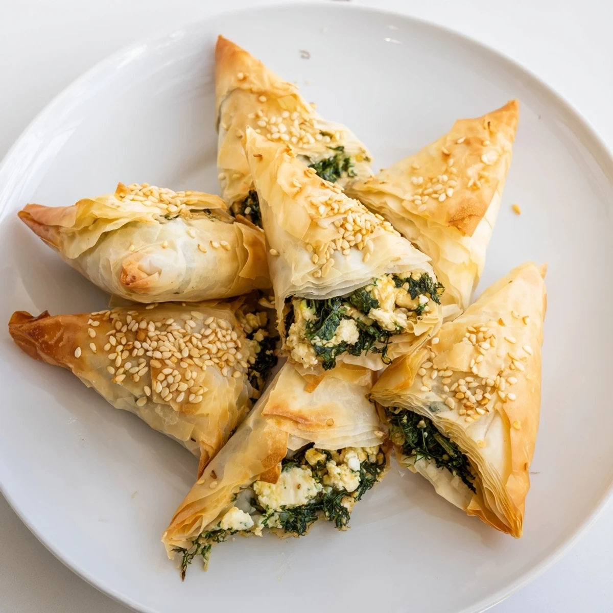 Arrangement of golden Mini Spanakopita Triangles, a flavorful baked appetizer ready for dipping with tzatziki.