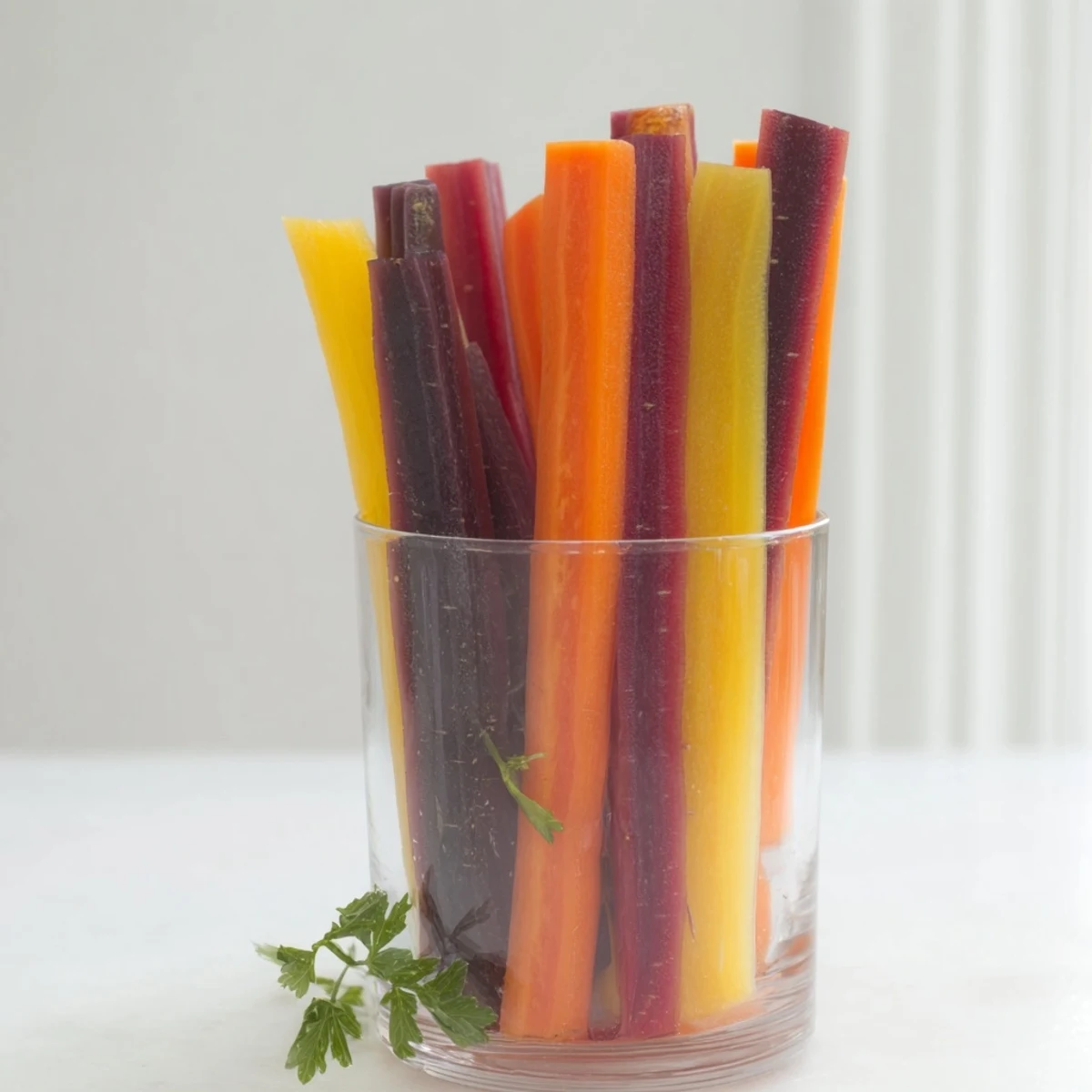 Colorful Simple Crudités: Rainbow carrot sticks stand upright in chilled glasses, a refreshing appetizer.