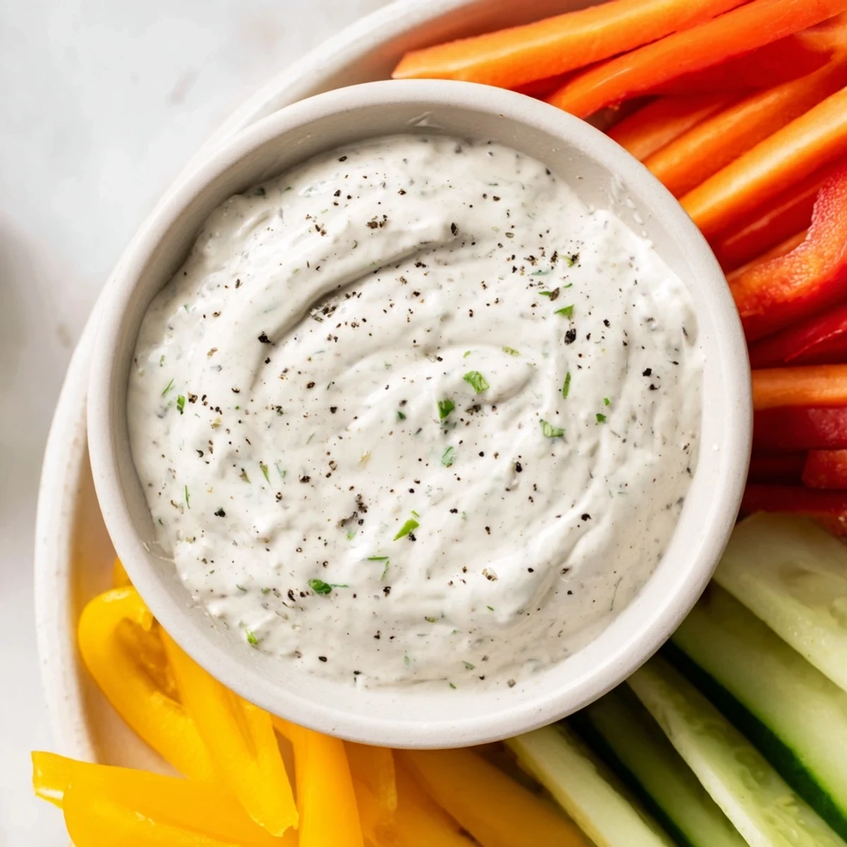 Creamy Kids Dip: Cream cheese ranch dip with colorful veggie sticks, perfect for dipping.