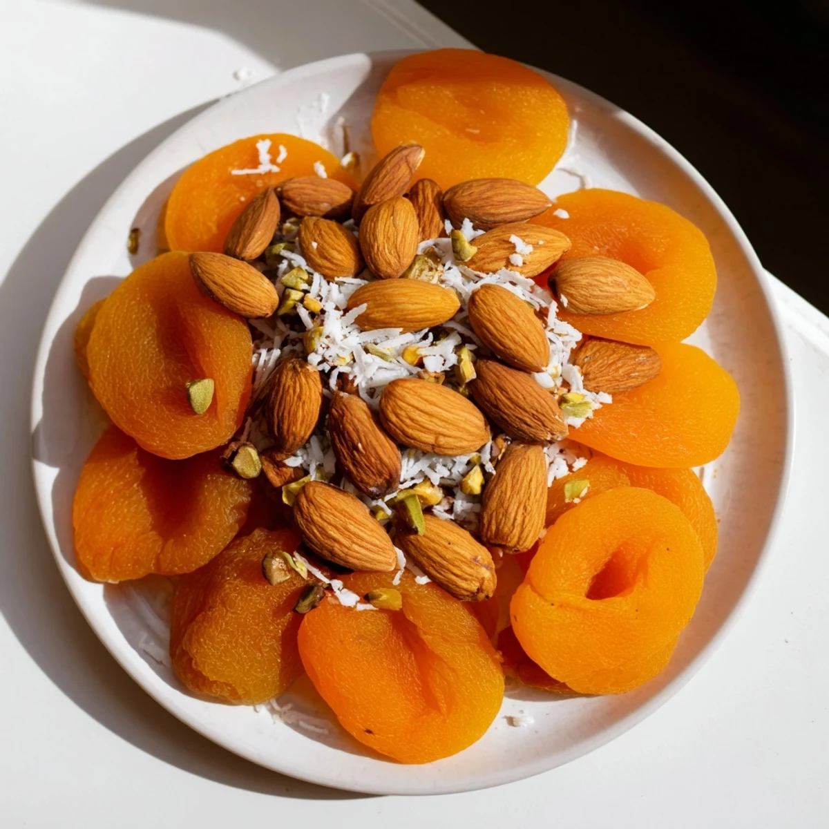 Auffällige Anordnung von Almonds und Dörr-Aprikosen, ein einfacher Snack, der zum sofortigen Genuss einlädt.