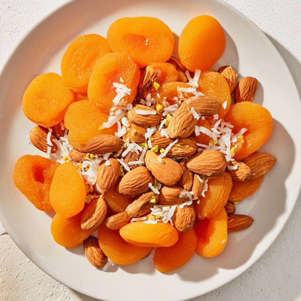 Nahaufnahme von Almonds und Dörr-Aprikosen, die als vegetarisches, gluten- und milchfreies Gericht angerichtet werden.