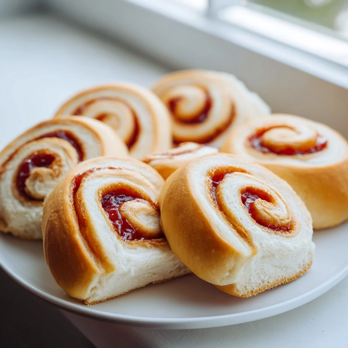 Quartered PB&J pinwheel rolls, showing a close-up of the colorful, sliced snack ready to eat.