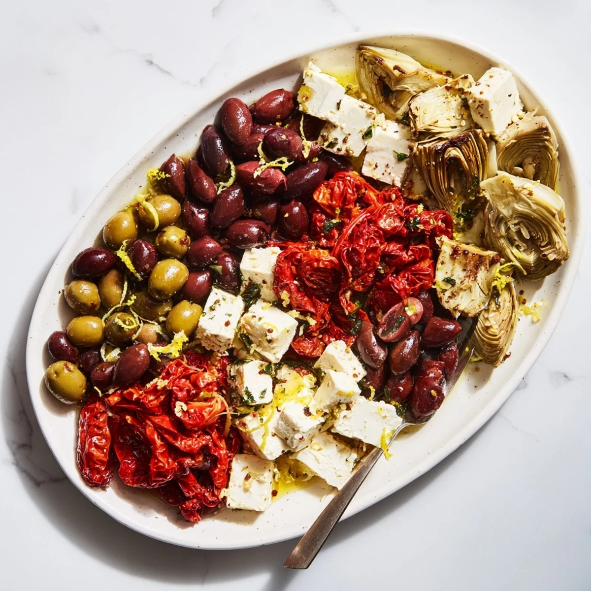 A beautifully arranged Black Olive and Sun-Dried Tomato Platter features Kalamata olives and feta cheese.