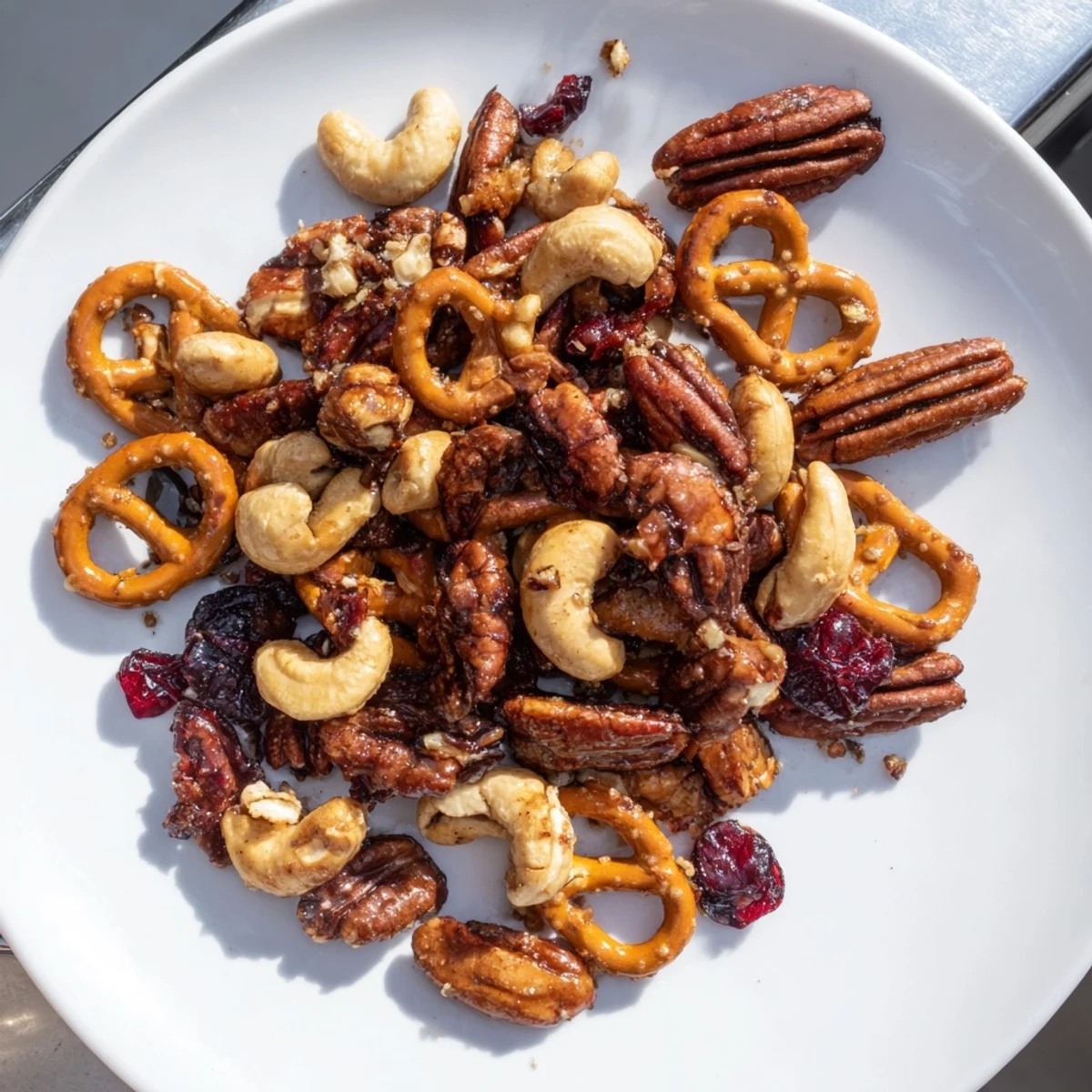 Golden, roasted Sweet and Salty Holiday Nut Bowl: a festive snack mix with crunchy pretzels and cranberries.