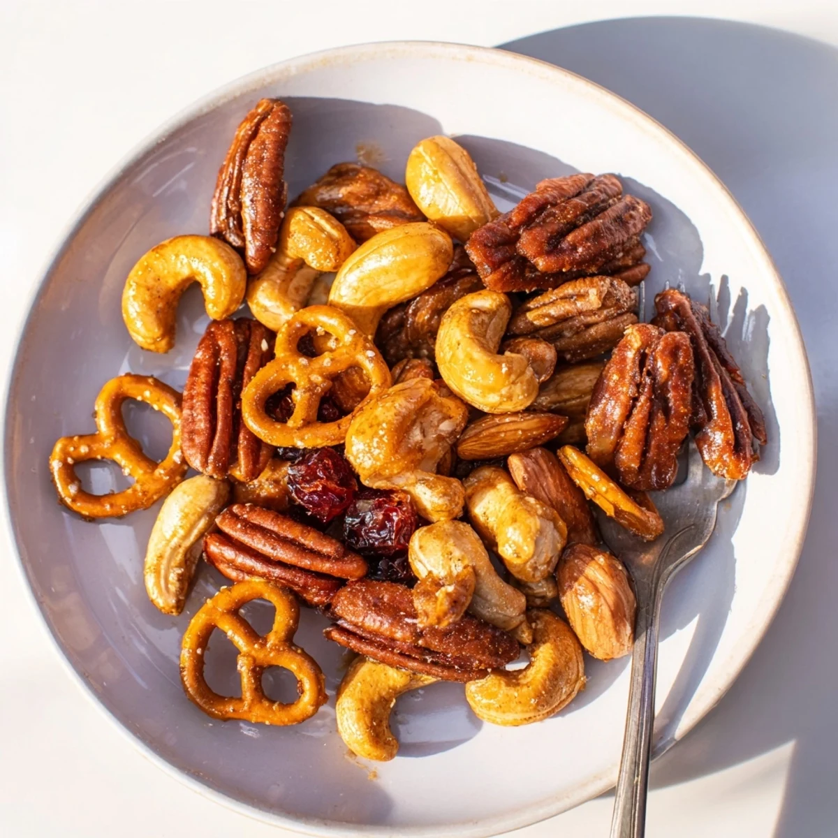 Close-up of a Sweet and Salty Holiday Nut Bowl, showcasing glistening nuts tossed with sweet spices for holiday gatherings.