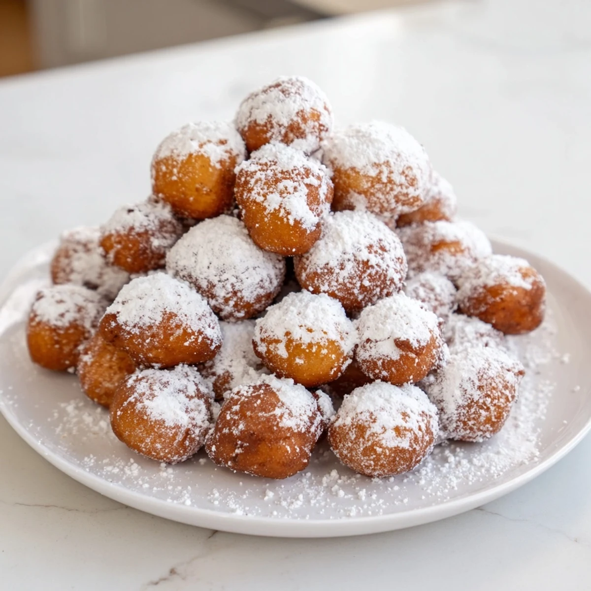 Fluffy, powdered donut holes mountain, a sweet, irresistible dessert ready to eat.