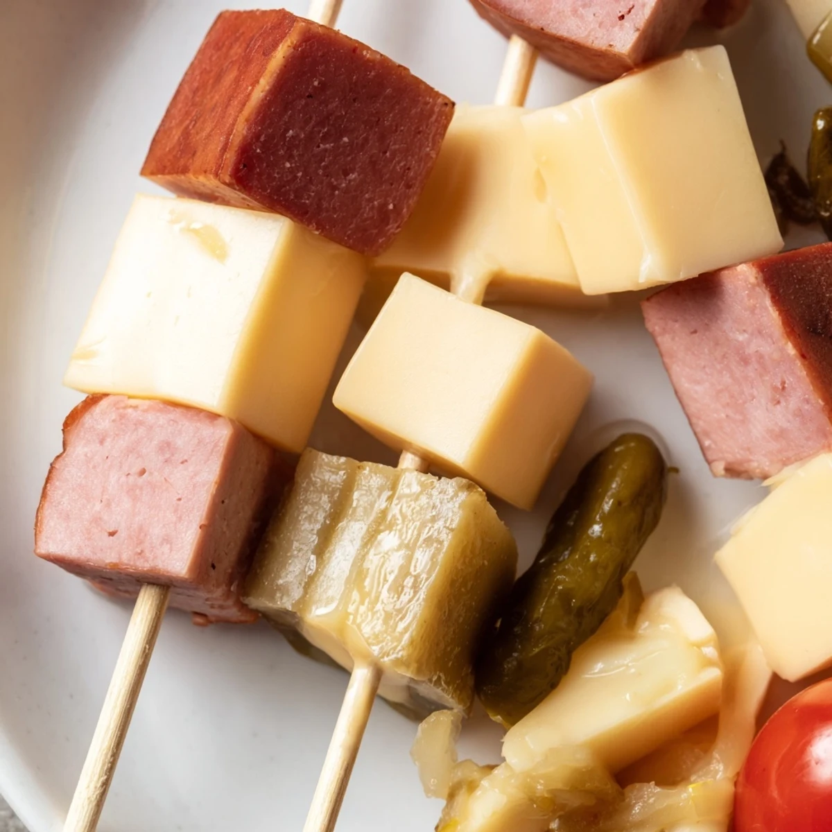 Savory Skewers: Meat, Cheese, and Pickle Cube Skewers, a colorful, appetizing arrangement ready to serve.