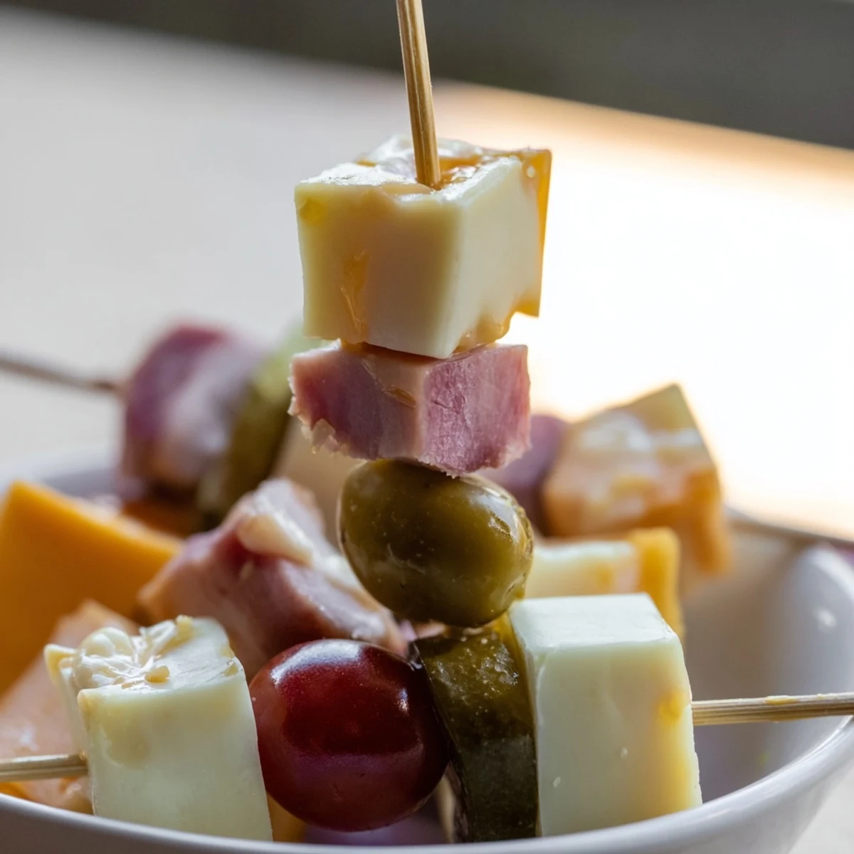 Delicious Savory Skewers with tender meat, cheese, and crunchy pickles, perfect for your next party.