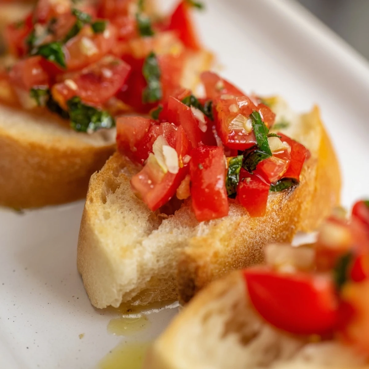 Golden, crispy Bruschetta toasts arranged diagonally, topped with fresh tomatoes and basil.