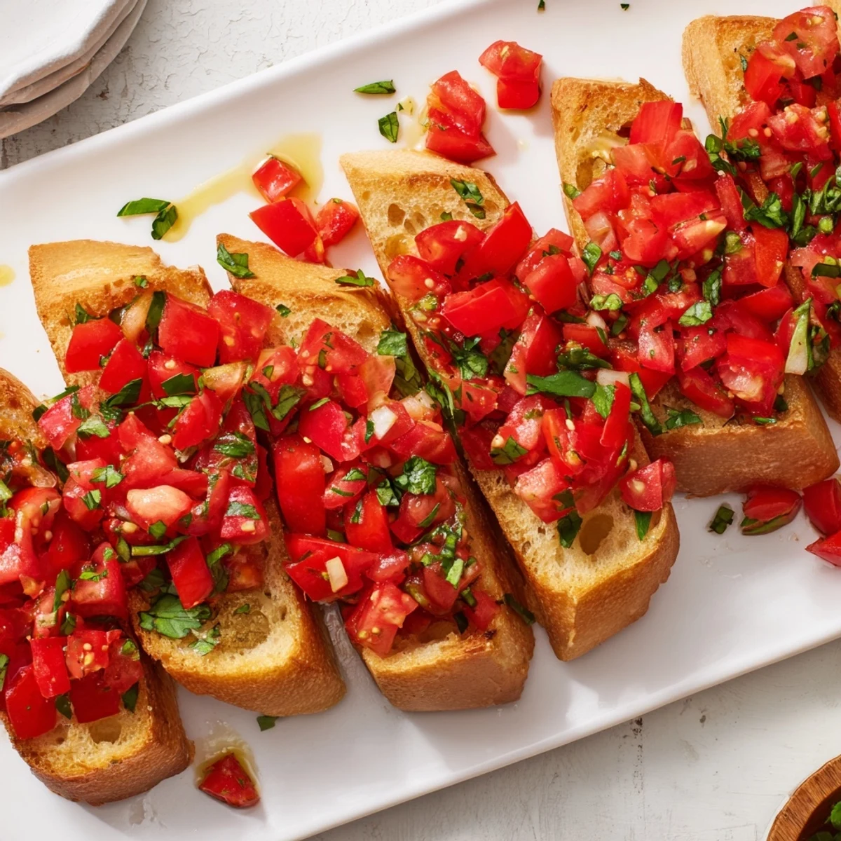 Close-up of vibrant Bruschetta toasts: garlic-rubbed bread, juicy tomatoes, and fresh basil garnish.