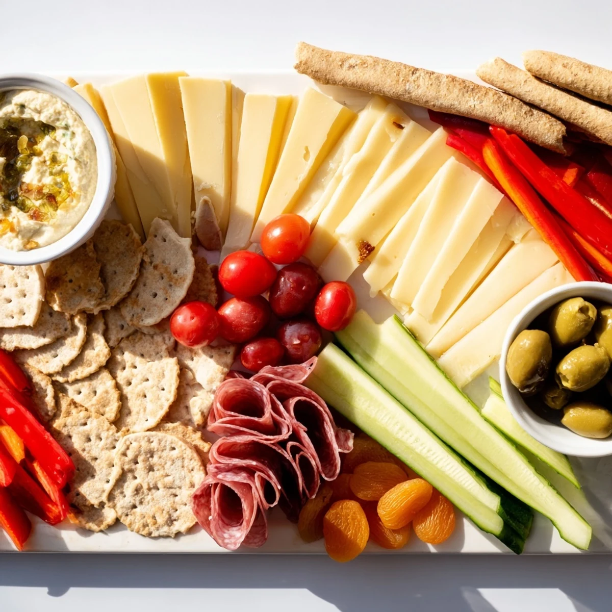 Arrowhead charcuterie board, angled cheeses and meats pointing towards the hummus.